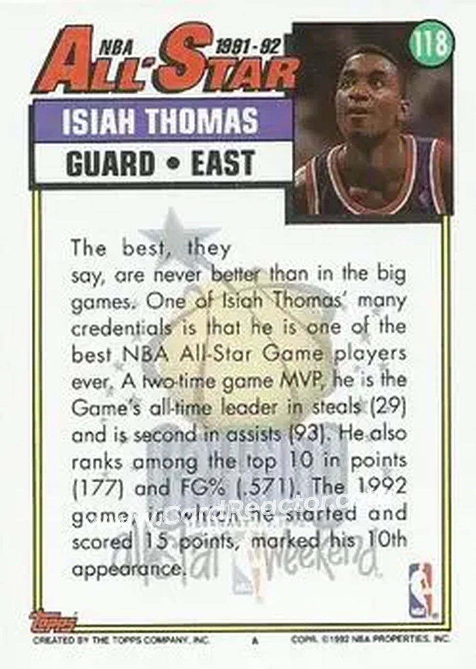 1992-93 Topps #118 - Isiah Thomas - Detroit Pistons - Back