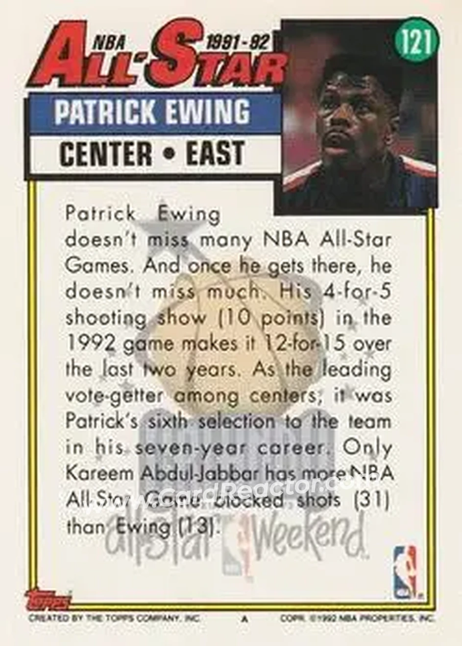 1992-93 Topps #121 - Patrick Ewing - New York Knicks - Back