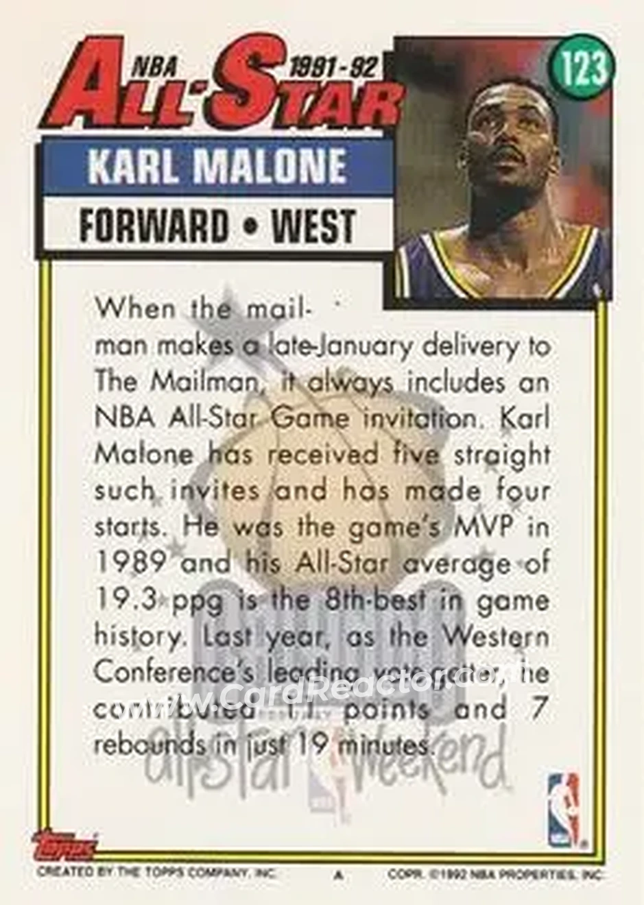 1992-93 Topps #123 - Karl Malone - Utah Jazz - Back