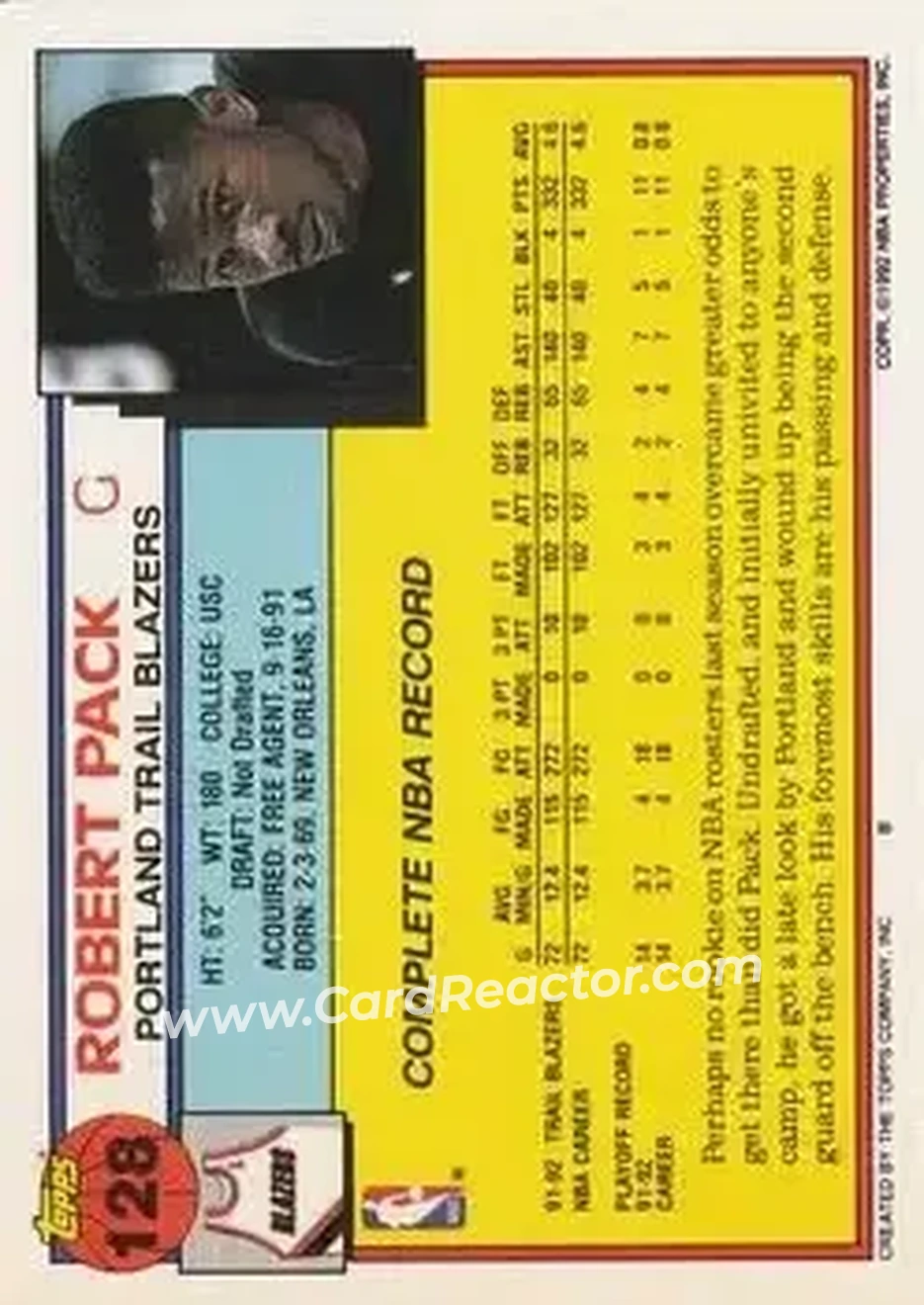 1992-93 Topps #128 - Robert Pack - Portland Trail Blazers - Back