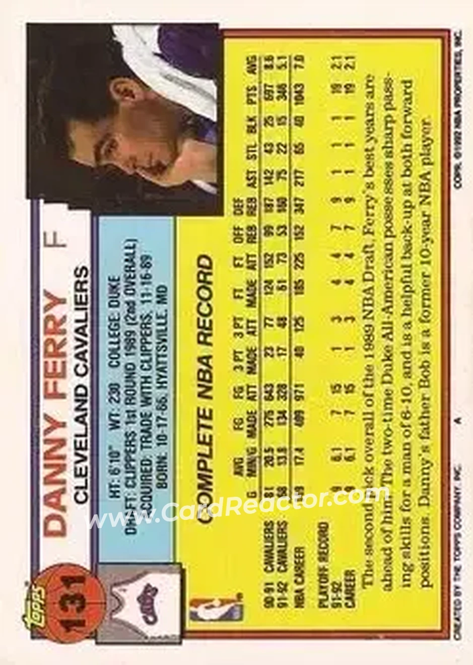 1992-93 Topps #131 - Danny Ferry - Cleveland Cavaliers - Back