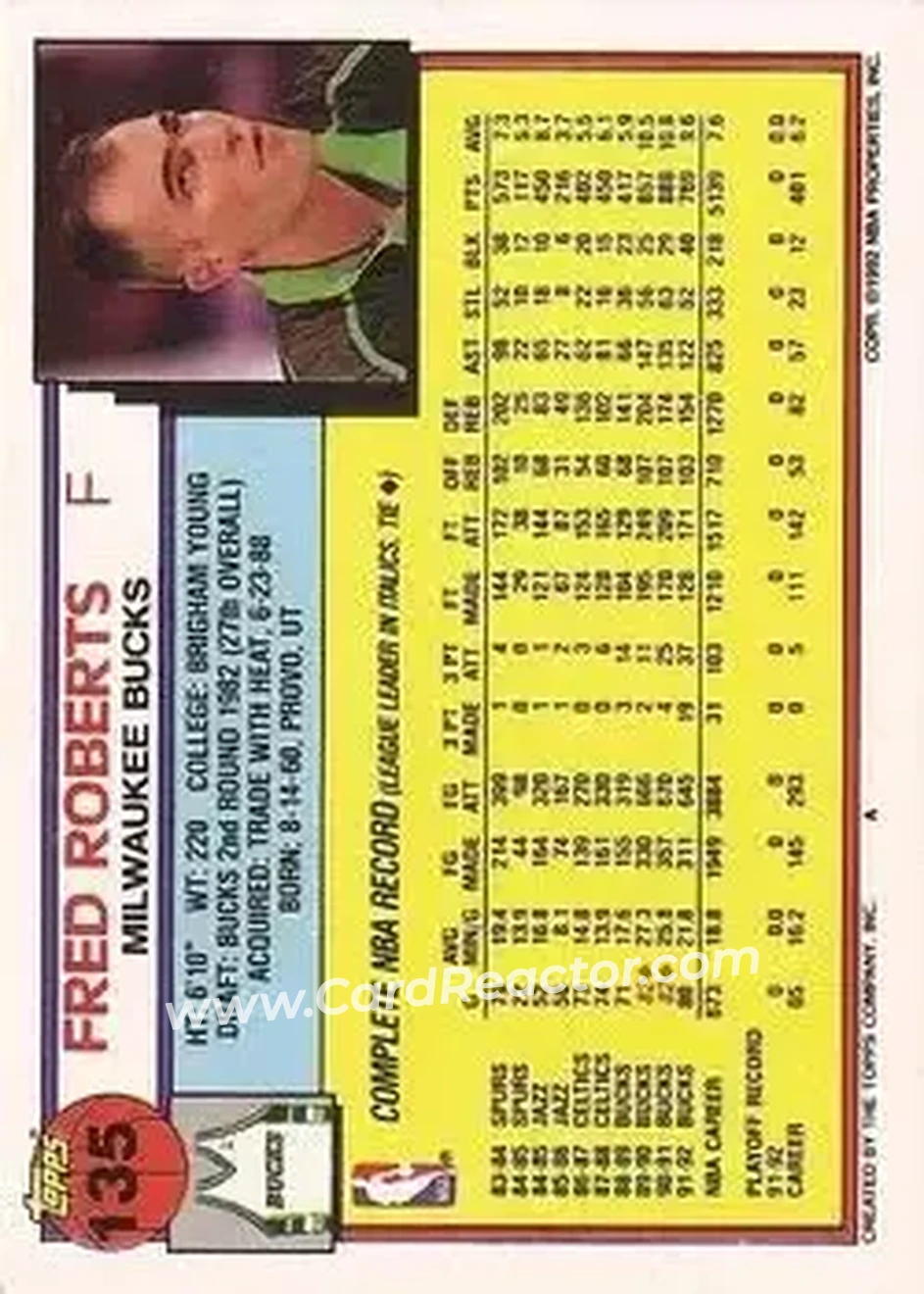 1992-93 Topps #135 - Fred Roberts - Milwaukee Bucks - Back