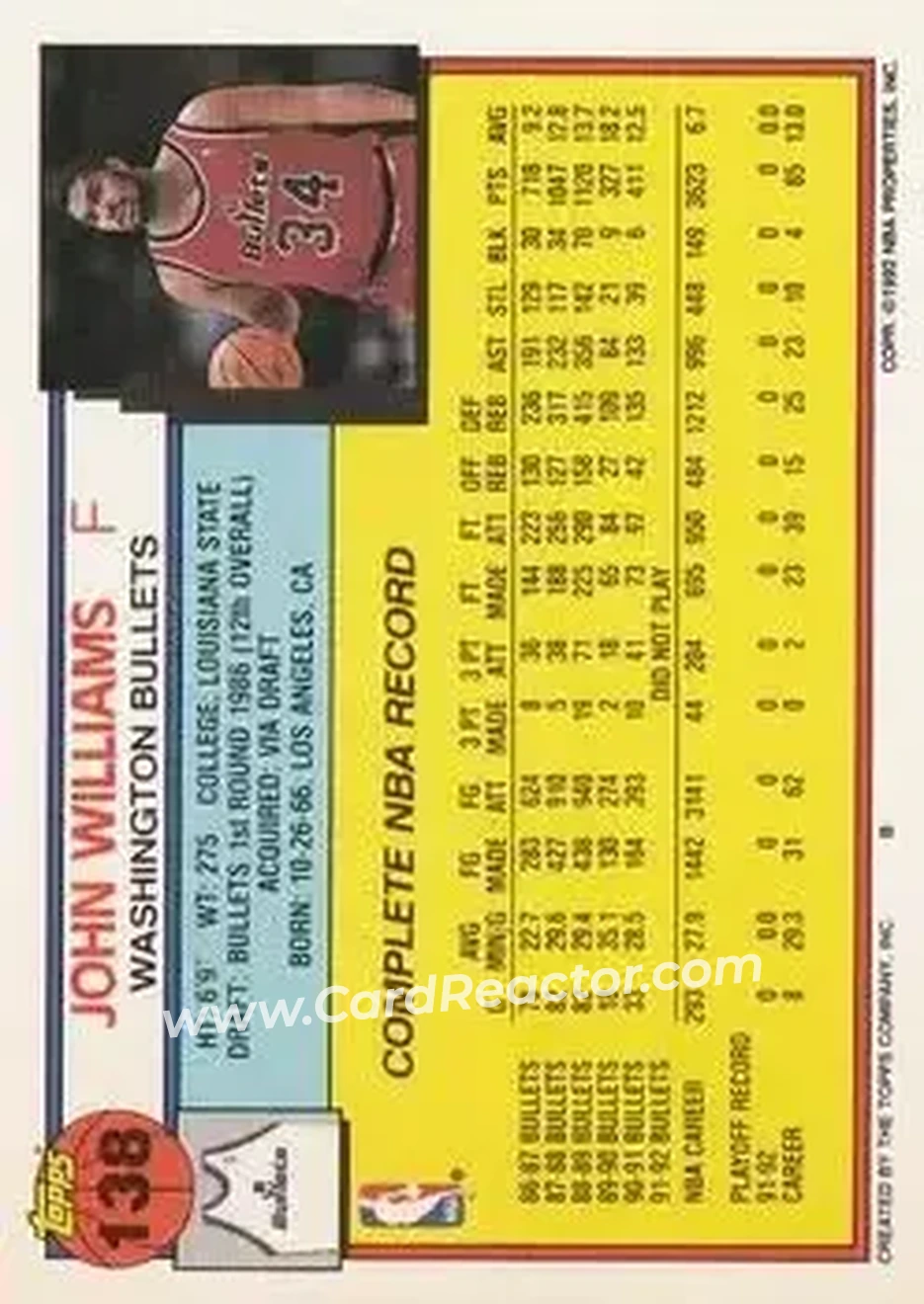 1992-93 Topps #138 - John Williams - Washington Bullets - Back