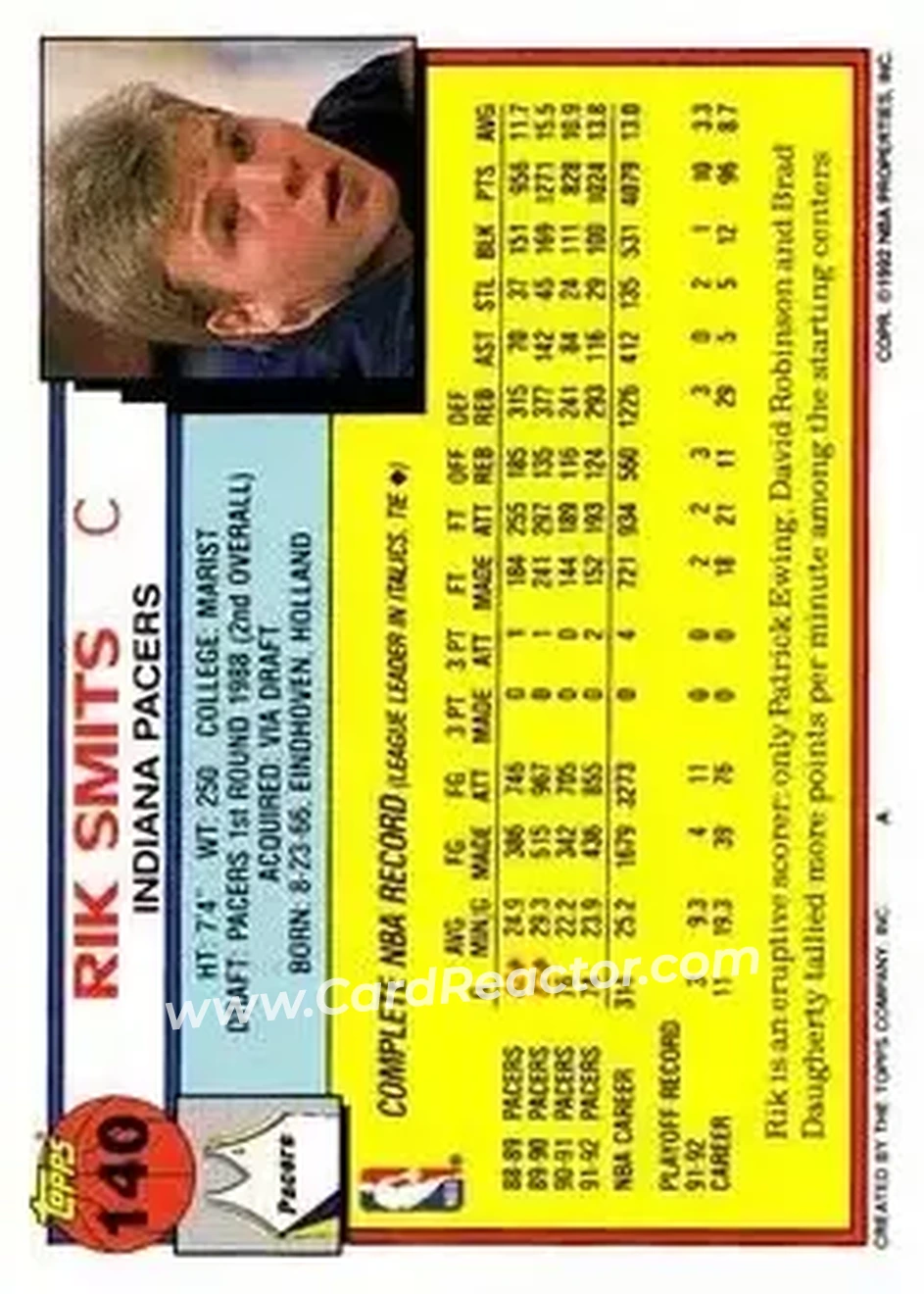 1992-93 Topps #140 - Rik Smits - Indiana Pacers - Back 1992-93 Topps #140 - Rik Smits - Indiana Pacers - Back
