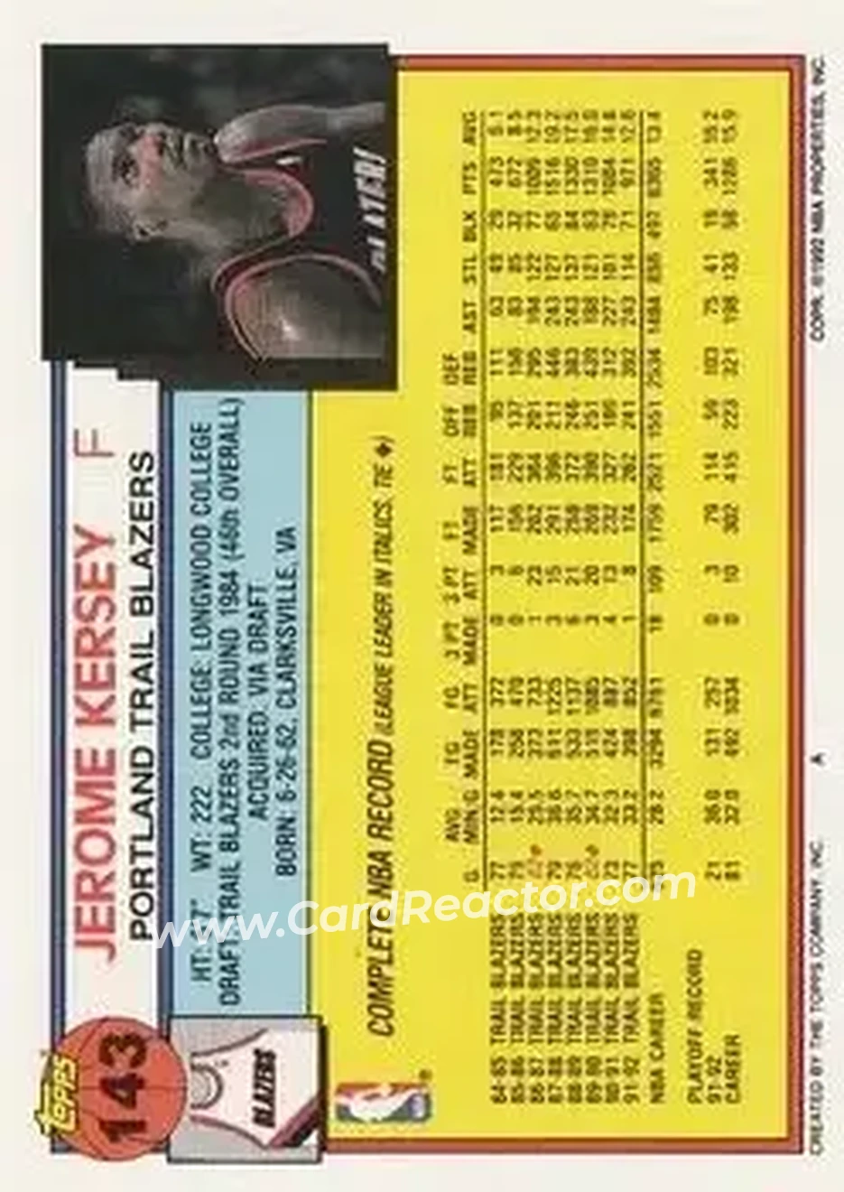 1992-93 Topps #143 - Jerome Kersey - Portland Trail Blazers - Back