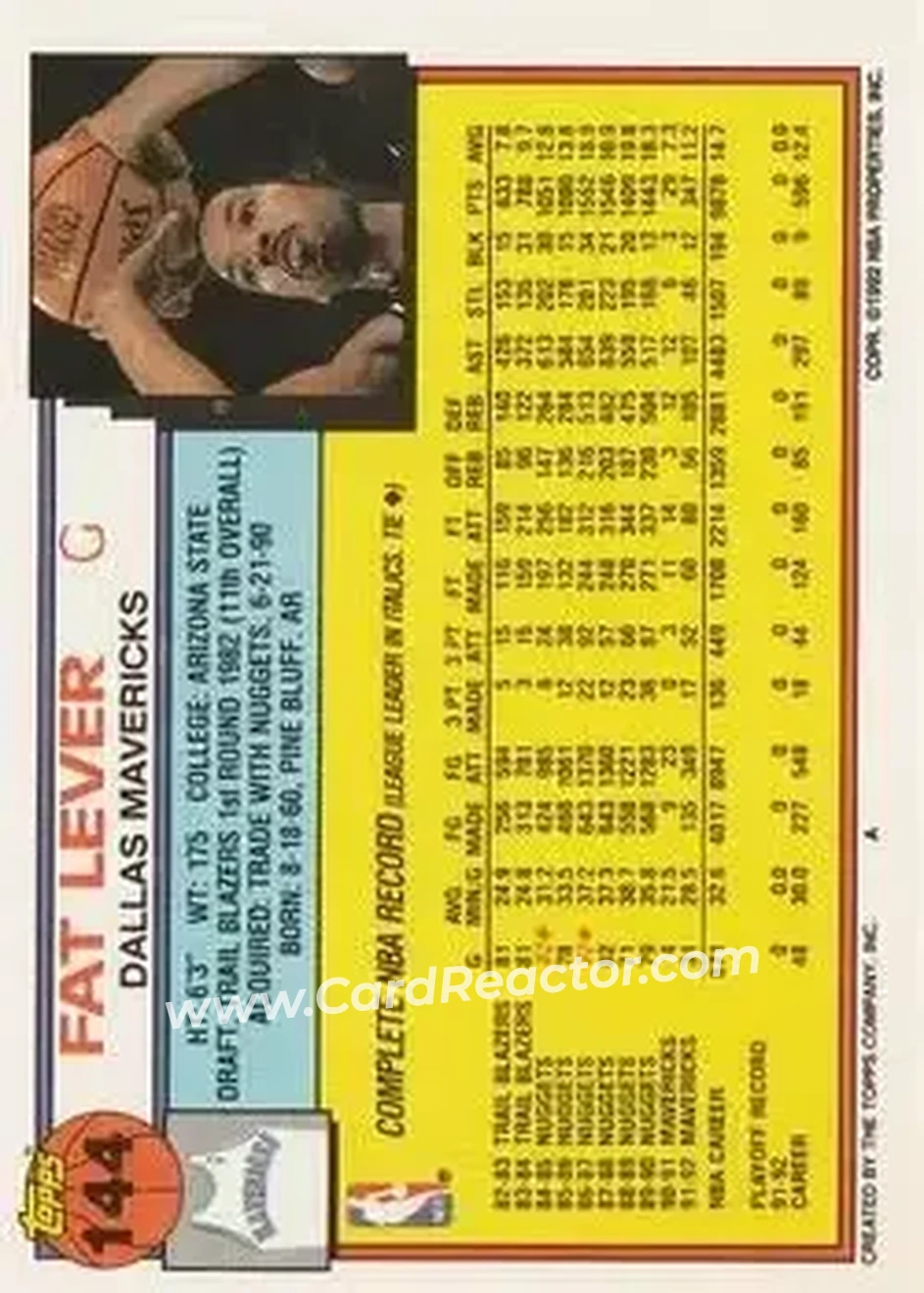 1992-93 Topps #144 - Fat Lever - Dallas Mavericks - Back