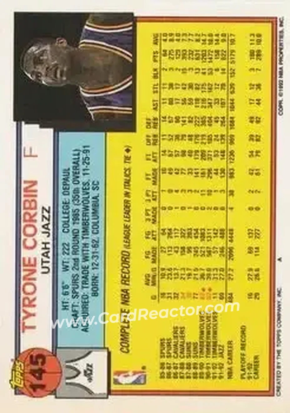 1992-93 Topps #145 - Tyrone Corbin - Utah Jazz - Back