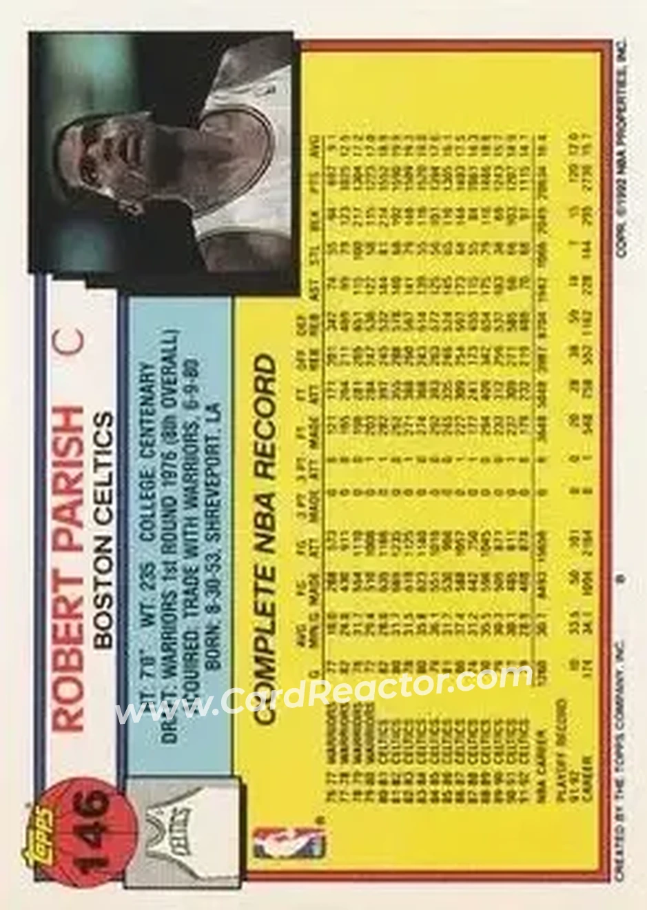 1992-93 Topps #146 - Robert Parish - Boston Celtics - Back 1992-93 Topps #146 - Robert Parish - Boston Celtics - Back