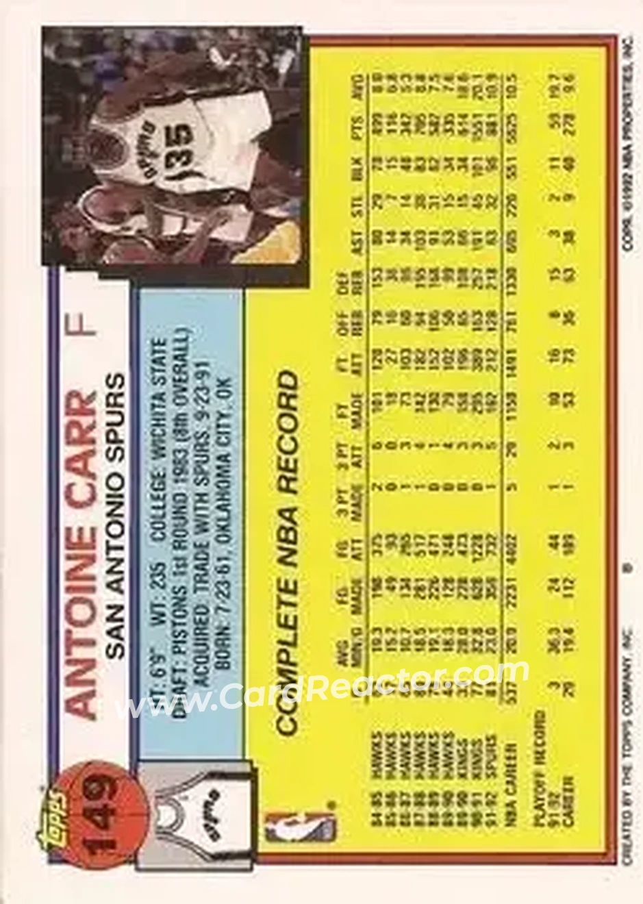 1992-93 Topps #149 - Antoine Carr - San Antonio Spurs - Back 1992-93 Topps #149 - Antoine Carr - San Antonio Spurs - Back