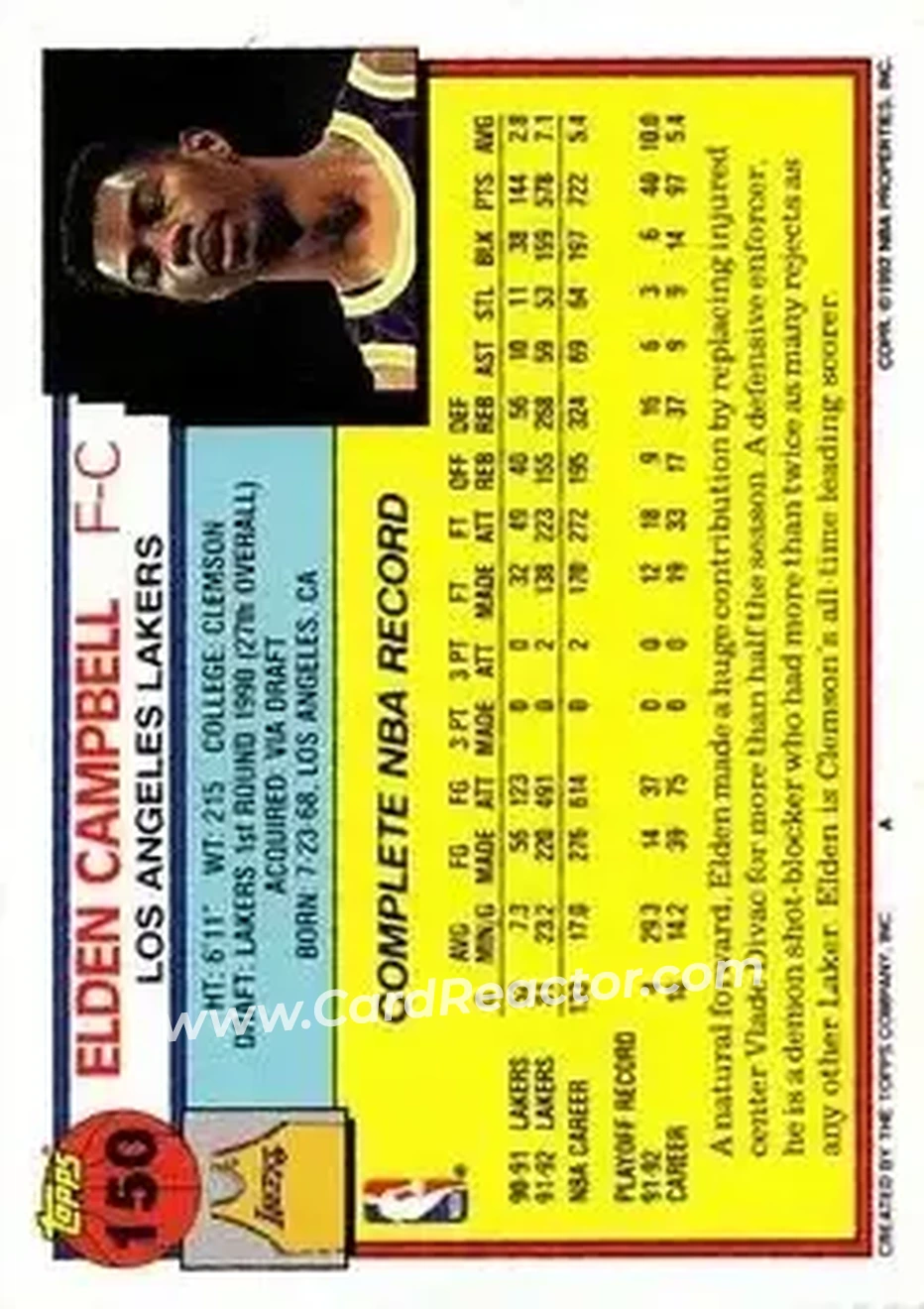 1992-93 Topps #150 - Elden Campbell - Los Angeles Lakers - Back