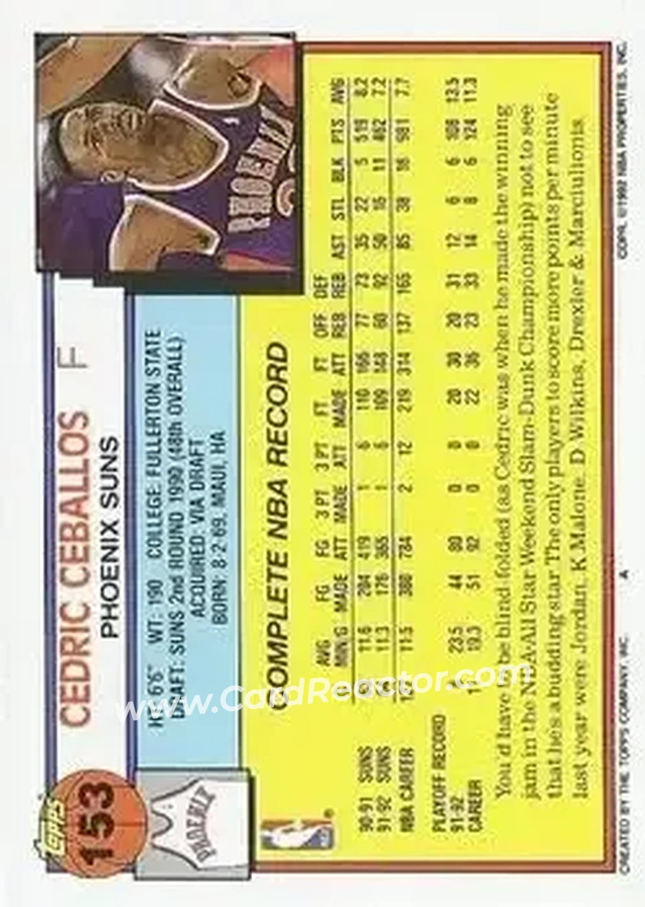 1992-93 Topps #153 - Cedric Ceballos - Phoenix Suns - Back