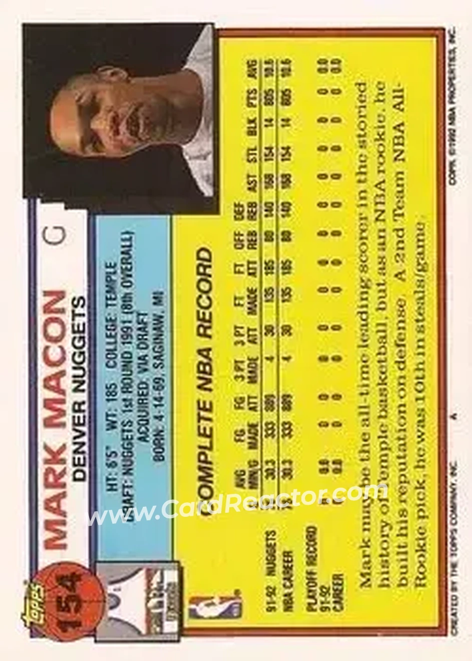 1992-93 Topps #154 - Mark Macon - Denver Nuggets - Back