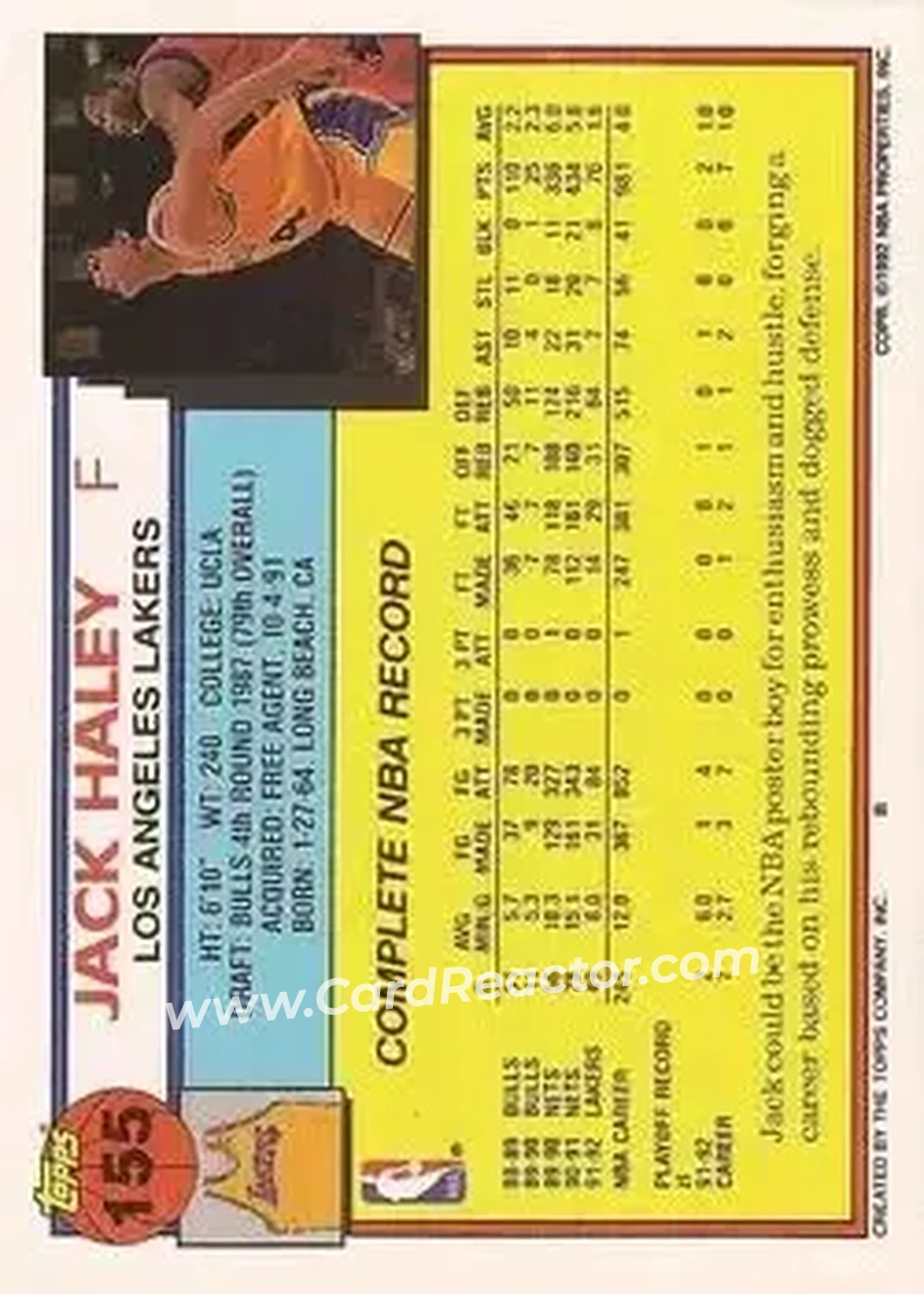 1992-93 Topps #155 - Jack Haley - Los Angeles Lakers - Back