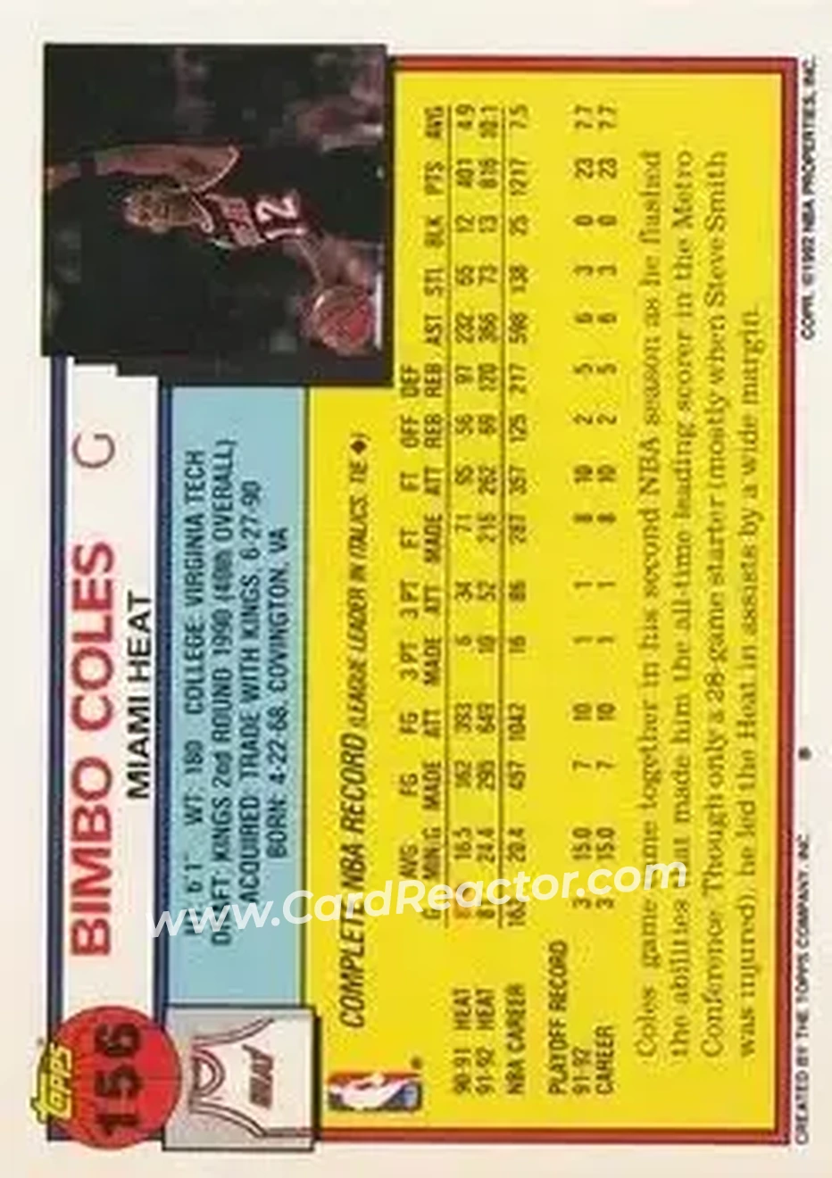 1992-93 Topps #156 - Bimbo Coles - Miami Heat - Back