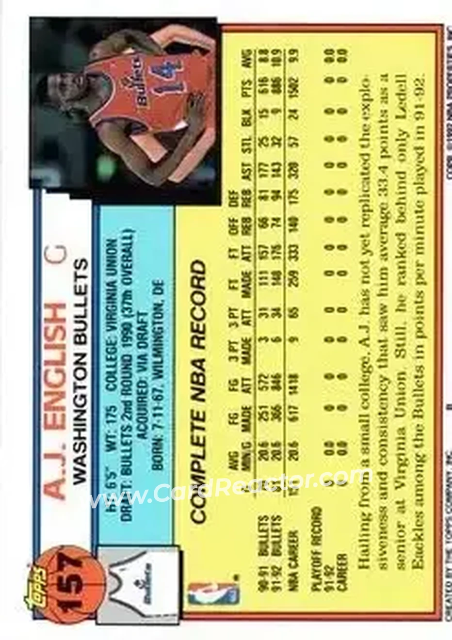 1992-93 Topps #157 - A.J. English - Washington Bullets - Back
