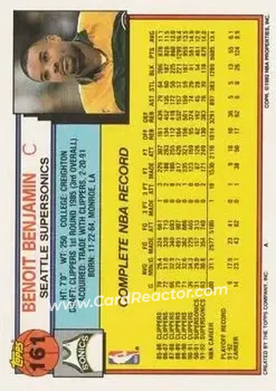 1992-93 Topps #161 - Benoit Benjamin - Seattle SuperSonics - Back