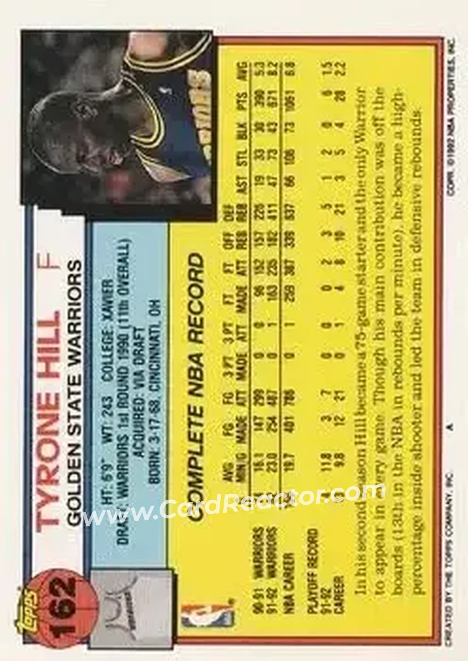 1992-93 Topps #162 - Tyrone Hill - Golden State Warriors - Back