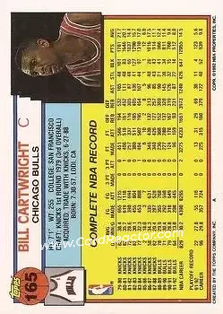 1992-93 Topps #165 - Bill Cartwright - Chicago Bulls - Back