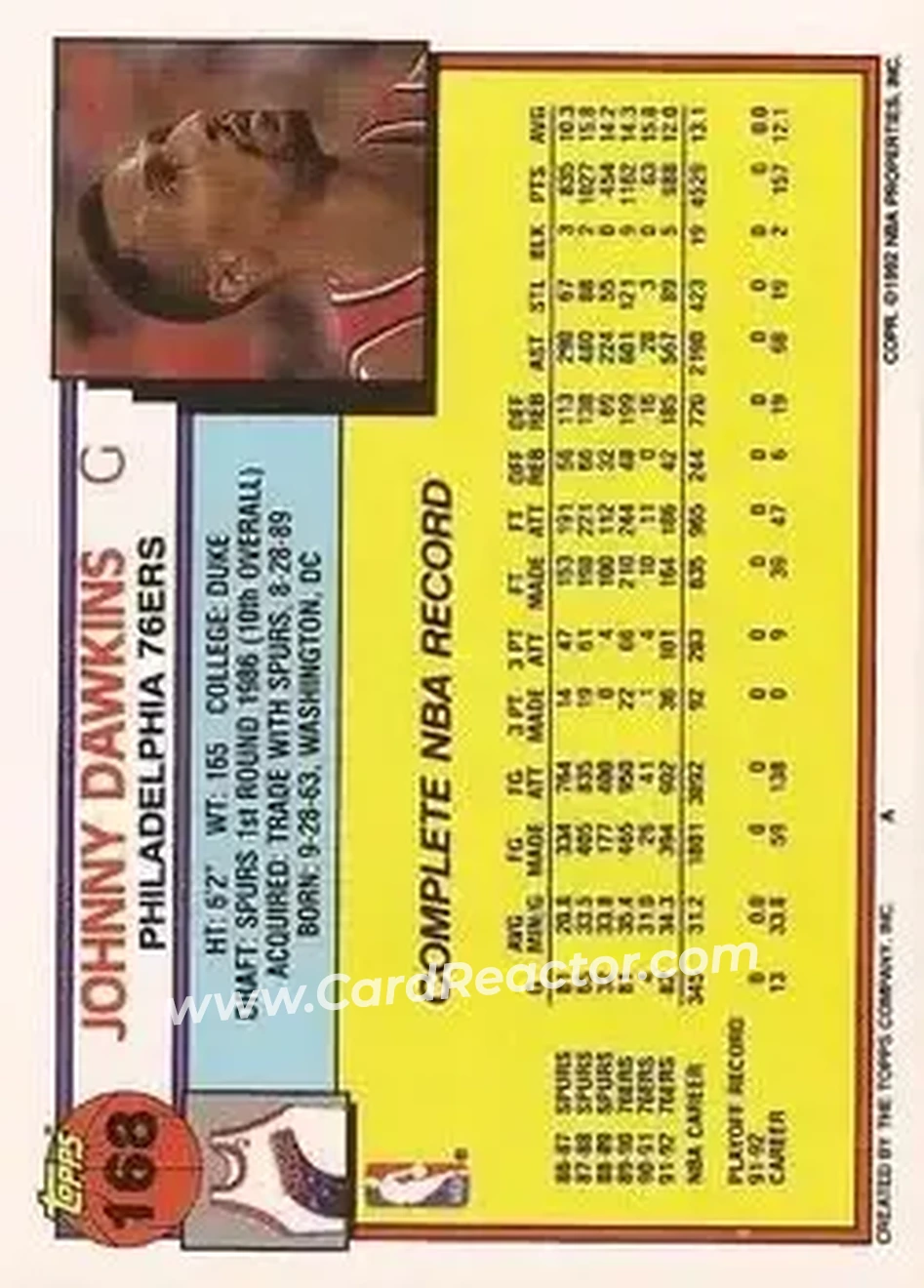 1992-93 Topps #168 - Johnny Dawkins - Philadelphia 76ers - Back 1992-93 Topps #168 - Johnny Dawkins - Philadelphia 76ers - Back
