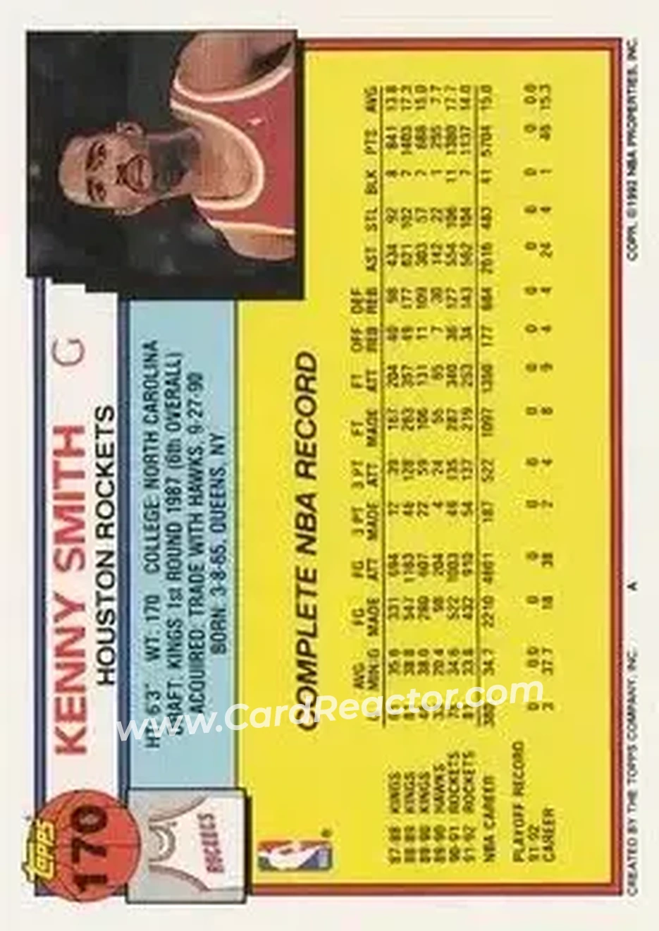1992-93 Topps #170 - Kenny Smith - Houston Rockets - Back