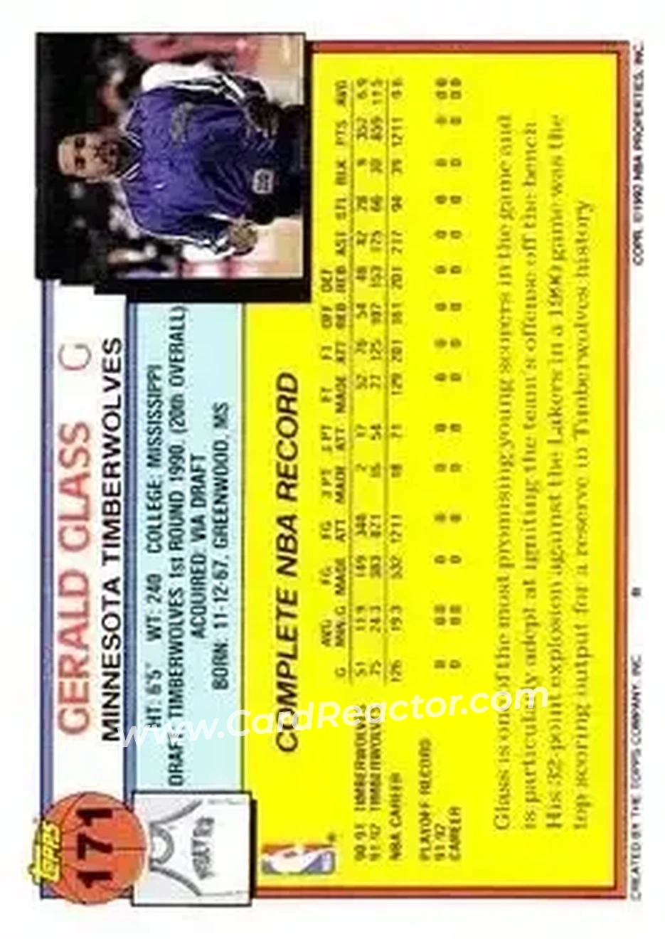 1992-93 Topps #171 - Gerald Glass - Minnesota Timberwolves - Back 1992-93 Topps #171 - Gerald Glass - Minnesota Timberwolves - Back