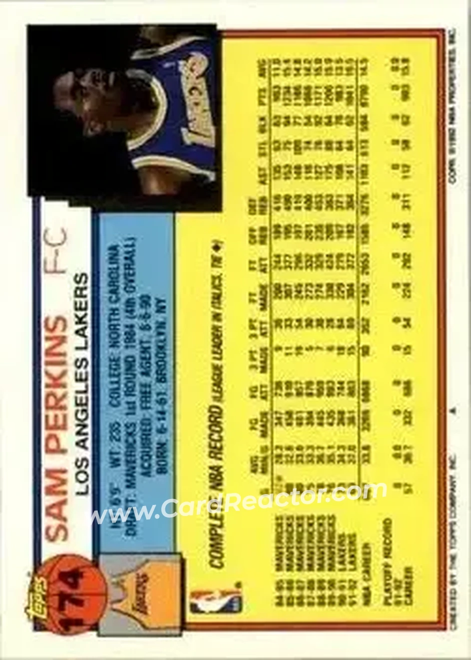 1992-93 Topps #174 - Sam Perkins - Los Angeles Lakers - Back 1992-93 Topps #174 - Sam Perkins - Los Angeles Lakers - Back