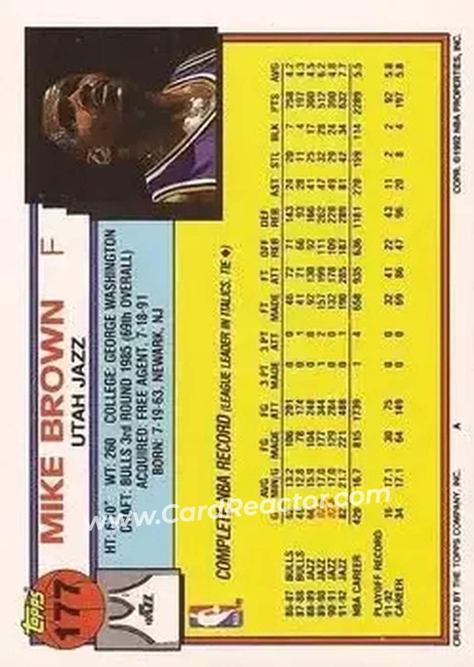 1992-93 Topps #177 - Mike Brown - Utah Jazz - Back