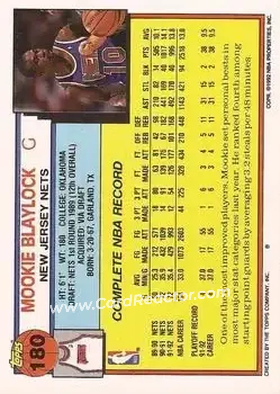 1992-93 Topps #180 - Mookie Blaylock - New Jersey Nets - Back 1992-93 Topps #180 - Mookie Blaylock - New Jersey Nets - Back