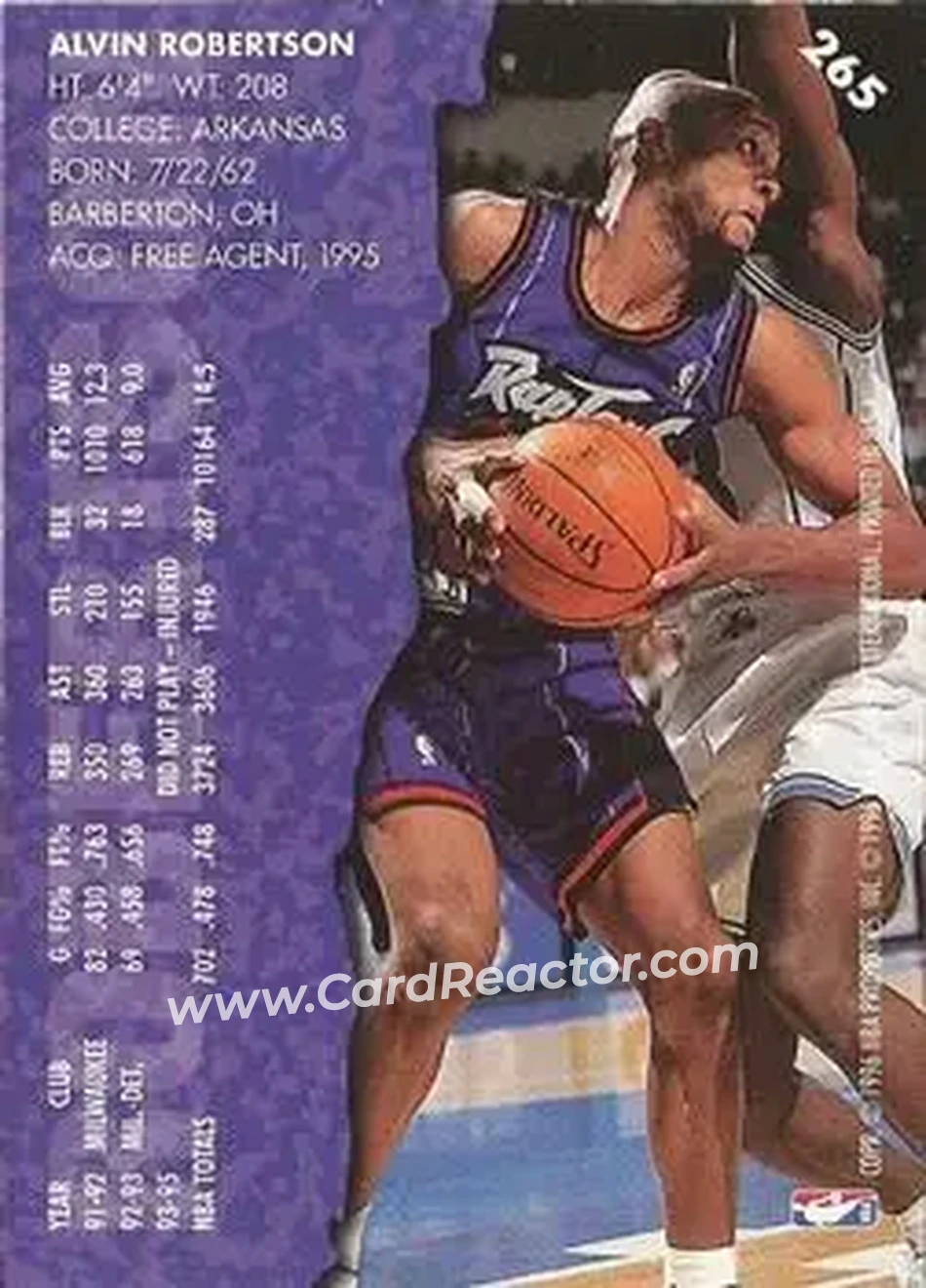 1995-96 Fleer #265 - Alvin Robertson - Toronto Raptors - Back