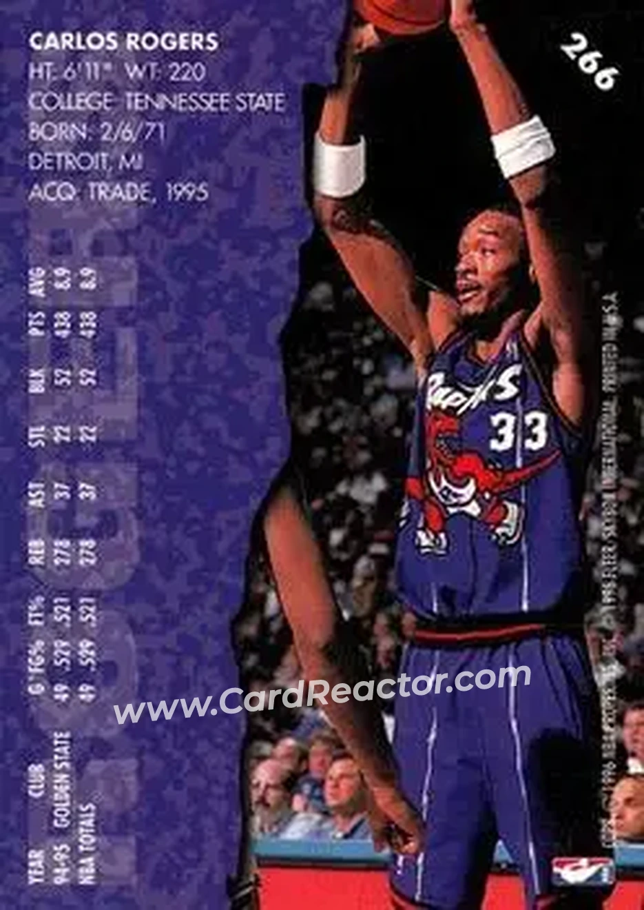 1995-96 Fleer #266 - Carlos Rogers - Toronto Raptors - Back