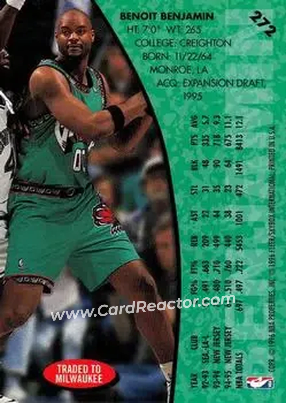1995-96 Fleer #272 - Benoit Benjamin - Vancouver Grizzlies - Back 1995-96 Fleer #272 - Benoit Benjamin - Vancouver Grizzlies - Back