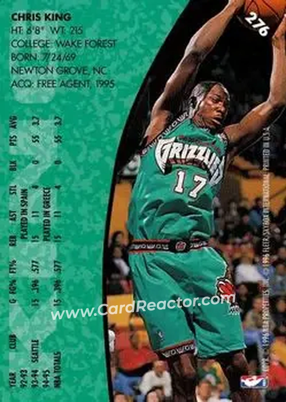 1995-96 Fleer #276 - Chris King - Vancouver Grizzlies - Back 1995-96 Fleer #276 - Chris King - Vancouver Grizzlies - Back