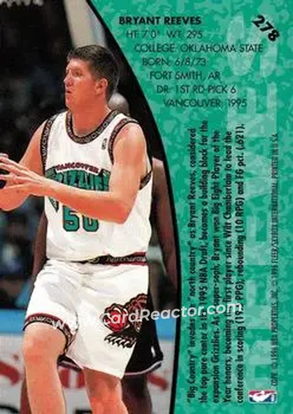1995-96 Fleer #278 - Bryant Reeves - Vancouver Grizzlies - Back