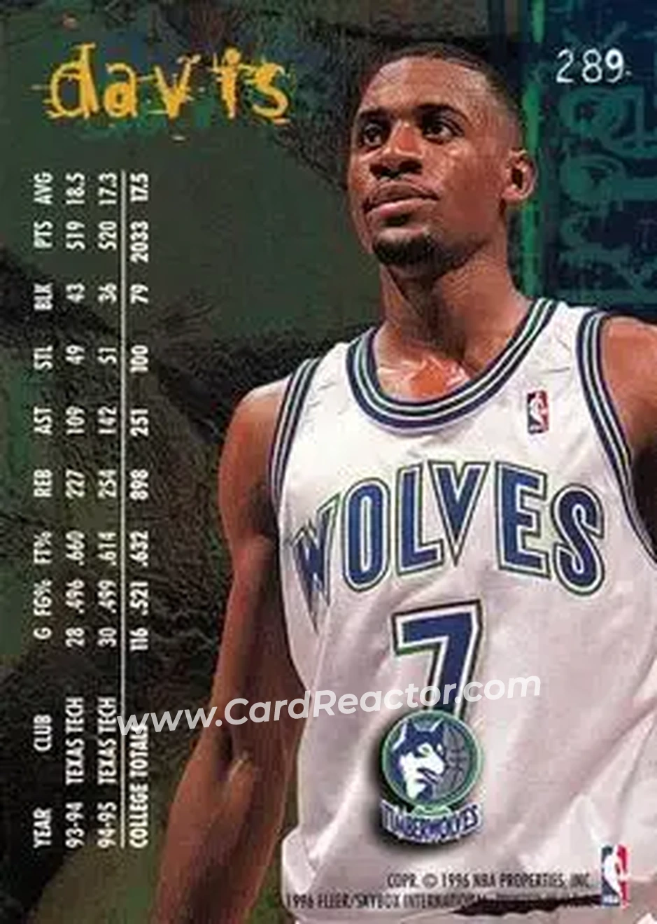 1995-96 Fleer #289 - Mark Davis - Minnesota Timberwolves - Back 1995-96 Fleer #289 - Mark Davis - Minnesota Timberwolves - Back