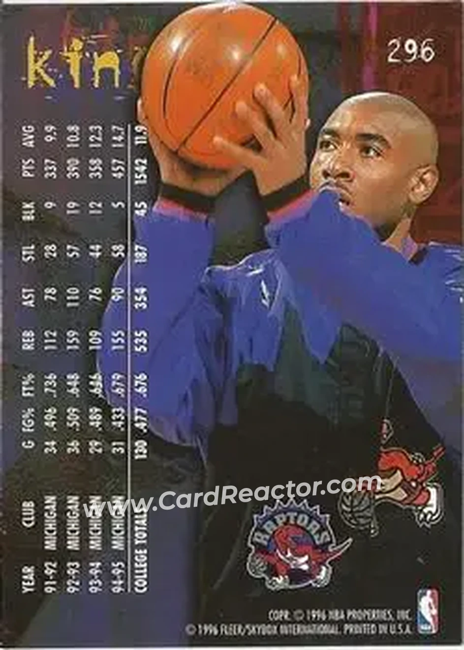 1995-96 Fleer #296 - Jimmy King - Toronto Raptors - Back 1995-96 Fleer #296 - Jimmy King - Toronto Raptors - Back