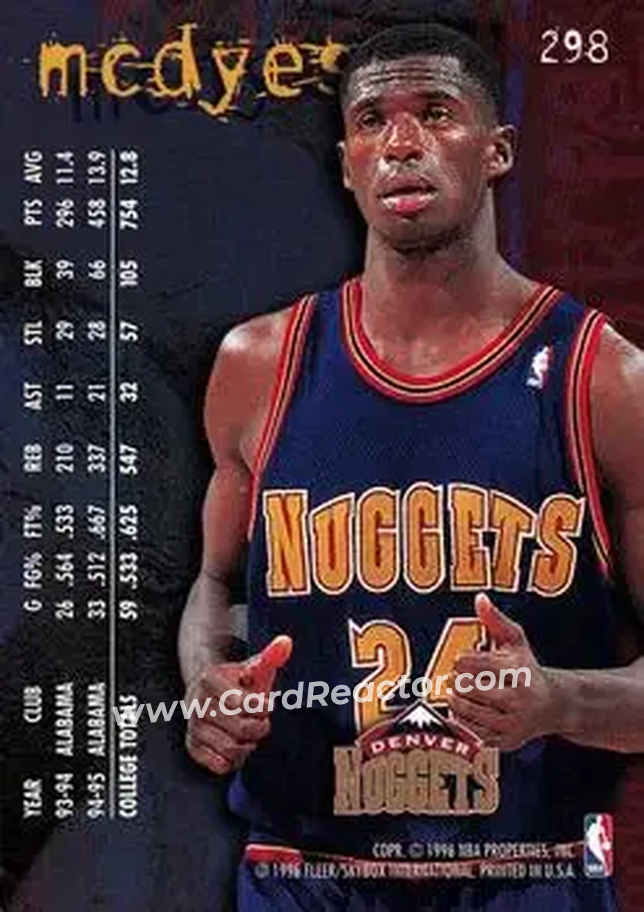 1995-96 Fleer #298 - Antonio McDyess - Denver Nuggets - Back 1995-96 Fleer #298 - Antonio McDyess - Denver Nuggets - Back