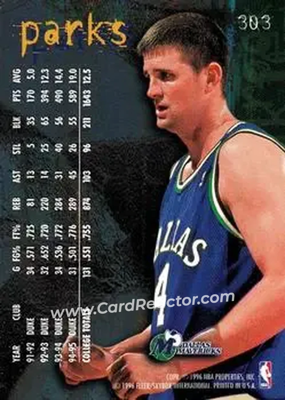 1995-96 Fleer #303 - Cherokee Parks - Dallas Mavericks - Back