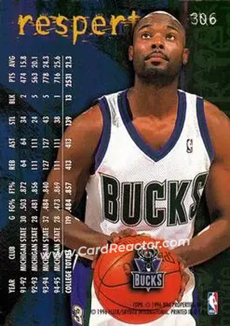 1995-96 Fleer #306 - Shawn Respert - Milwaukee Bucks - Back