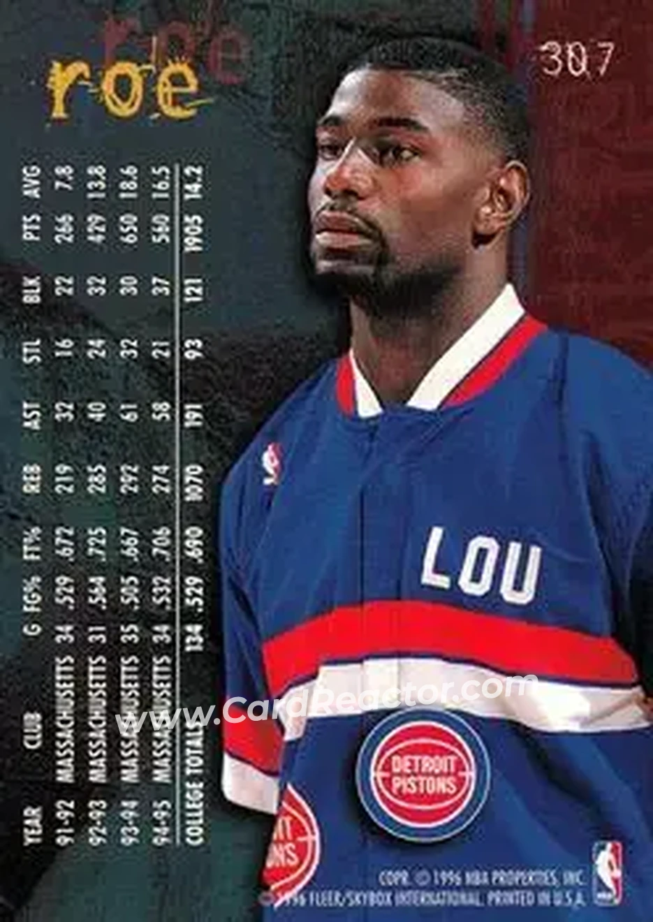 1995-96 Fleer #307 - Lou Roe - Detroit Pistons - Back 1995-96 Fleer #307 - Lou Roe - Detroit Pistons - Back