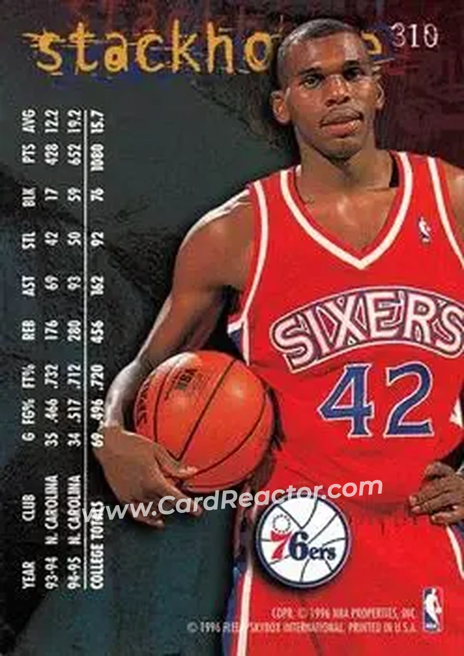1995-96 Fleer #310 - Jerry Stackhouse - Philadelphia 76ers - Back 1995-96 Fleer #310 - Jerry Stackhouse - Philadelphia 76ers - Back