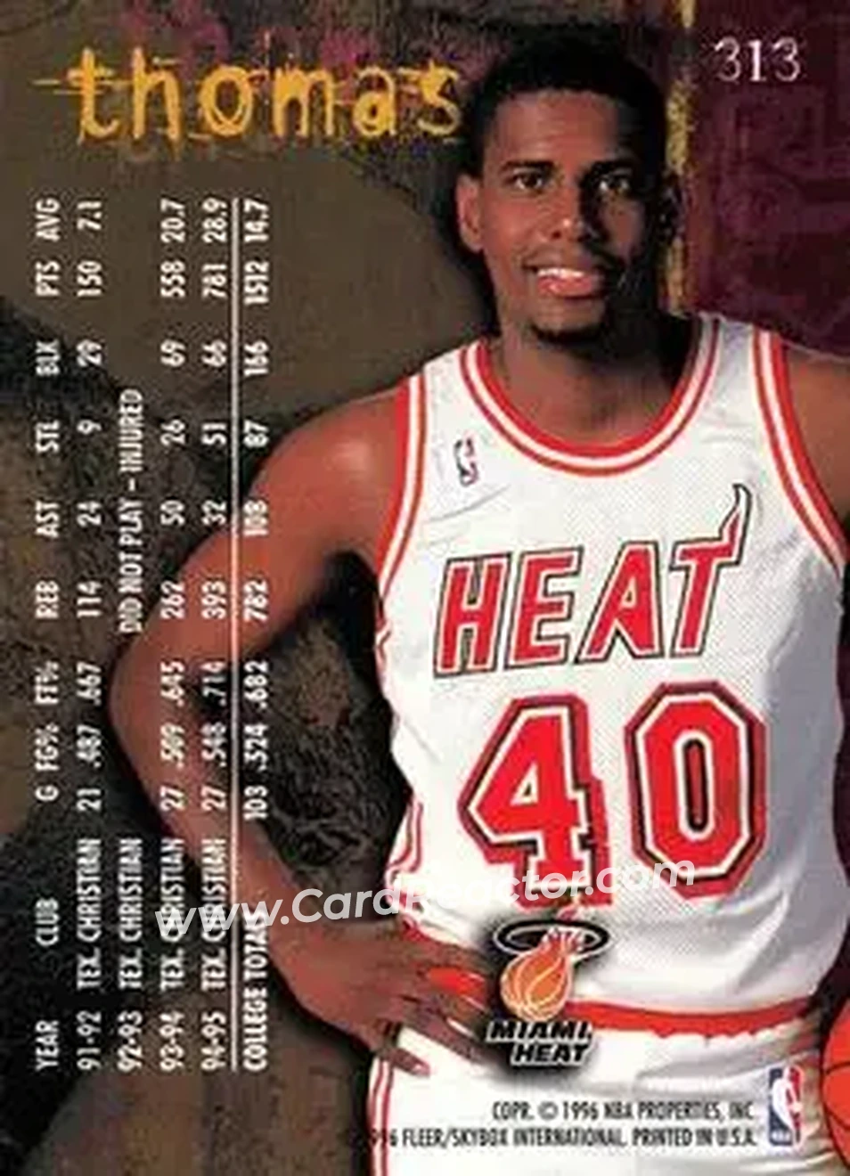1995-96 Fleer #313 - Kurt Thomas - Miami Heat - Back
