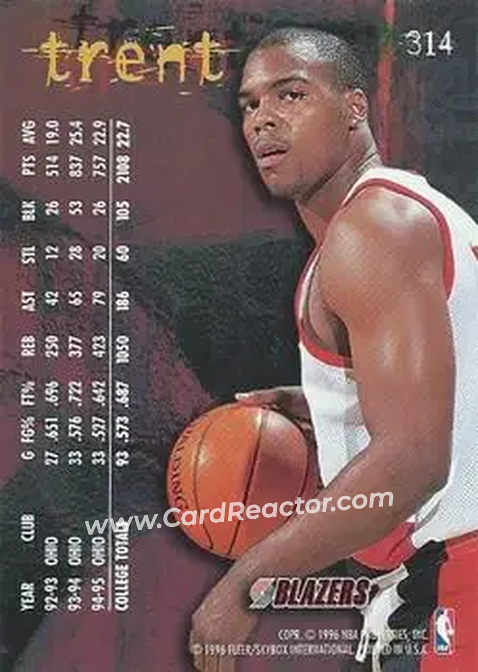 1995-96 Fleer #314 - Gary Trent - Portland Trail Blazers - Back