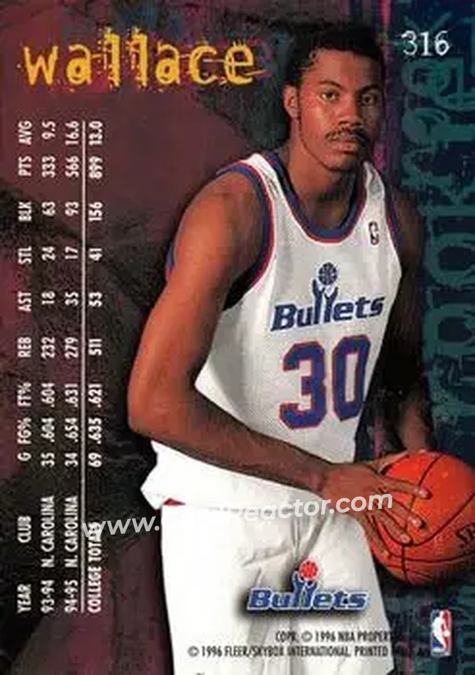1995-96 Fleer #316 - Rasheed Wallace - Washington Bullets - Back 1995-96 Fleer #316 - Rasheed Wallace - Washington Bullets - Back