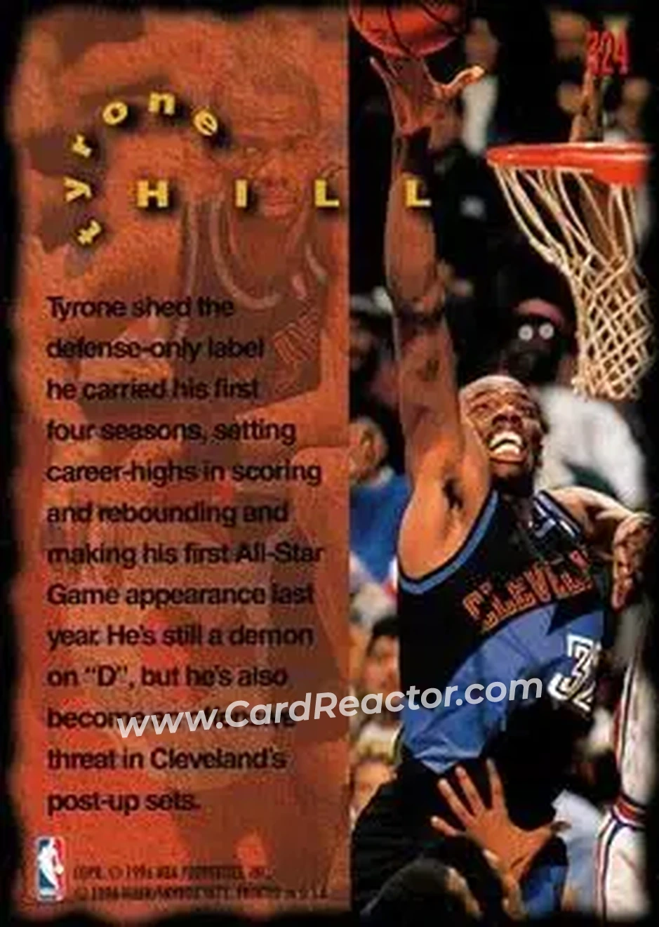 1995-96 Fleer #324 - Tyrone Hill - Cleveland Cavaliers - Back