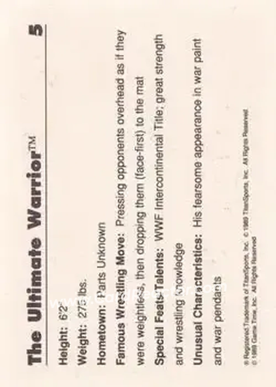 1989 Classic WWF #5 - The Ultimate Warrior - Back 1989 Classic WWF #5 - The Ultimate Warrior - Back