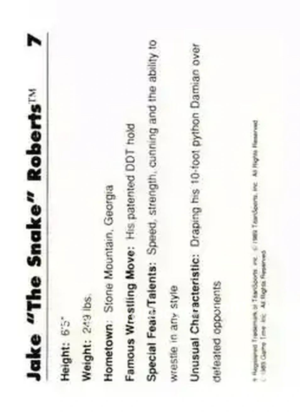 1989 Classic WWF #7 - Jake "The Snake" Roberts - Back