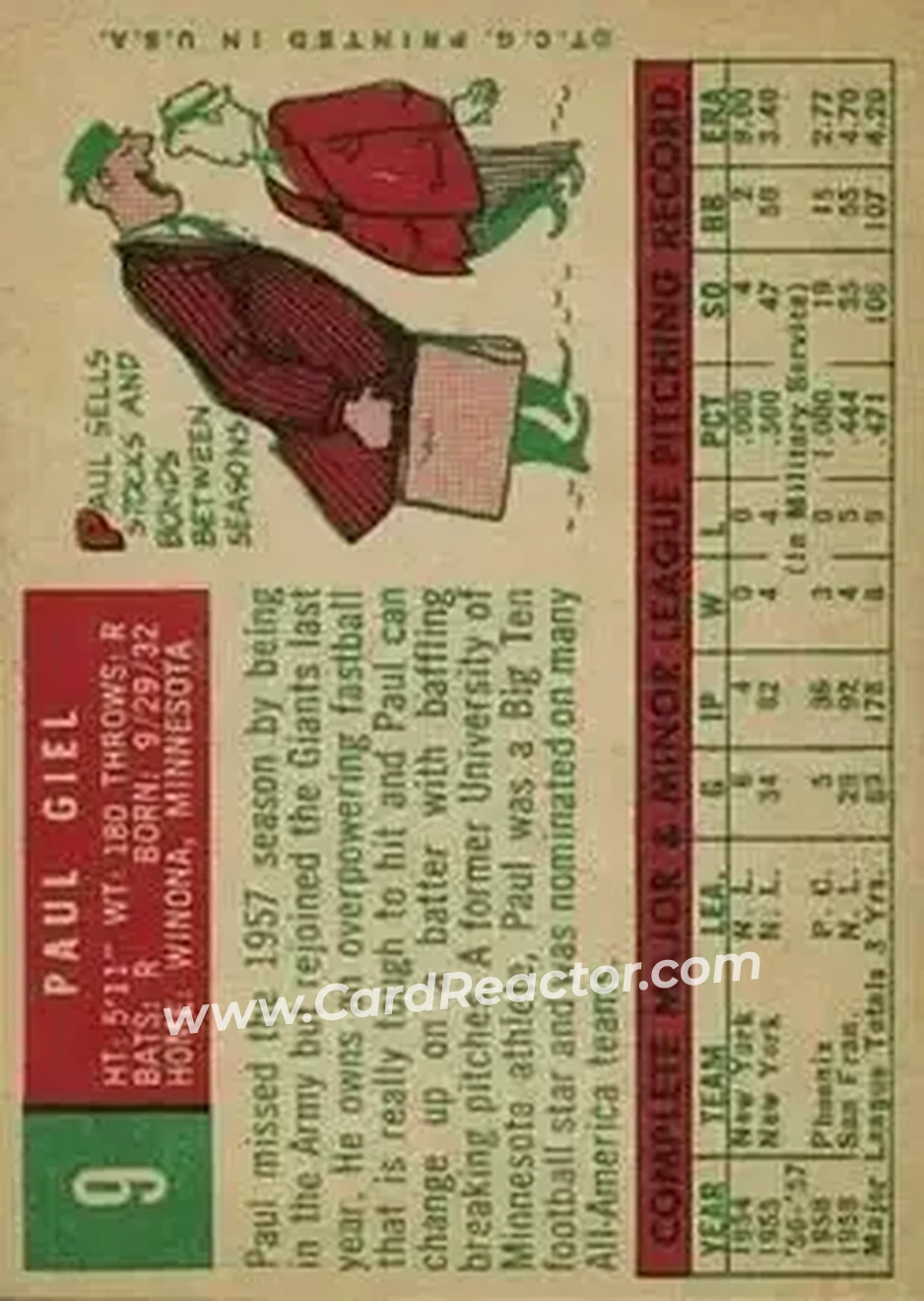 1959 Topps #9 - Paul Giel - San Francisco Giants - Back