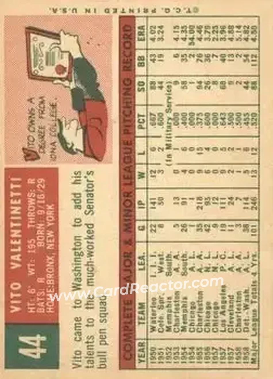 1959 Topps #44b - Vito Valentinetti - Washington Senators - Back 1959 Topps #44b - Vito Valentinetti - Washington Senators - Back