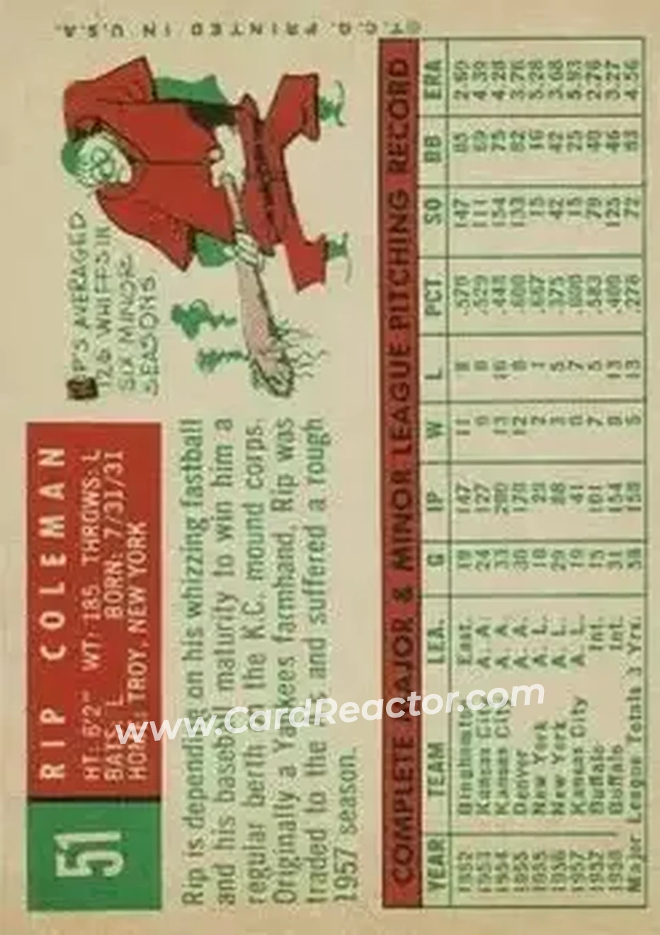 1959 Topps #51 - Rip Coleman - Kansas City Athletics - Back 1959 Topps #51 - Rip Coleman - Kansas City Athletics - Back