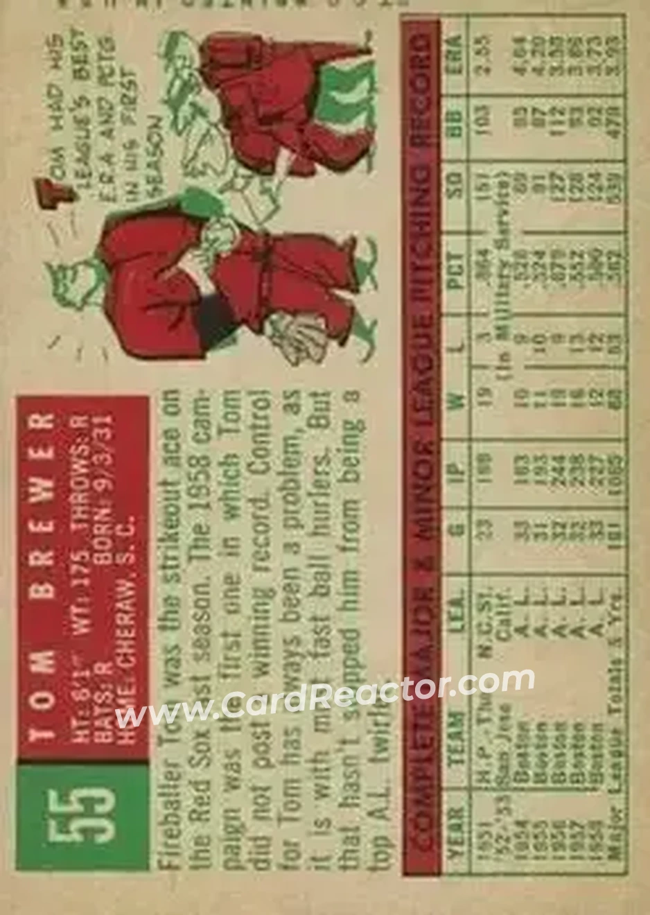 1959 Topps #55 - Tom Brewer - Boston Red Sox - Back